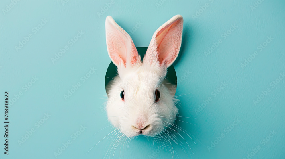 Obraz premium A curious white rabbit peeking through a torn blue paper.