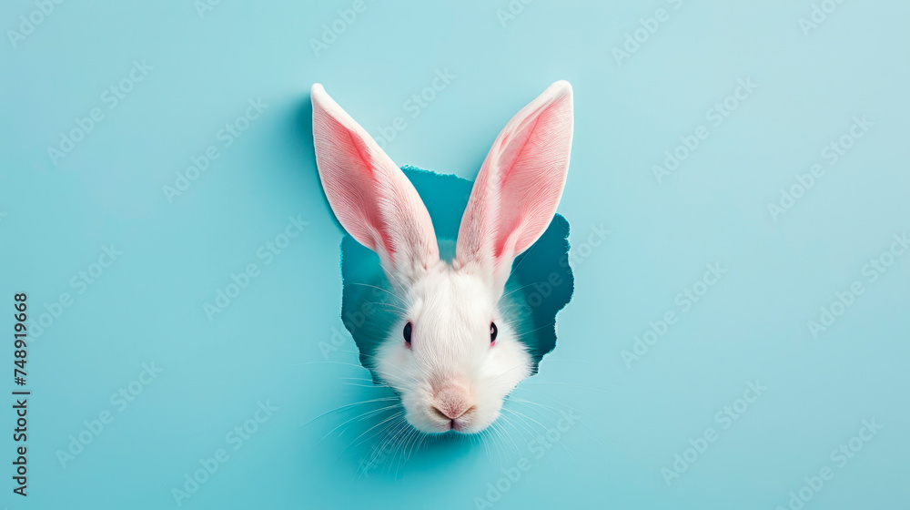 Obraz premium A curious white rabbit peeking through a torn blue paper.