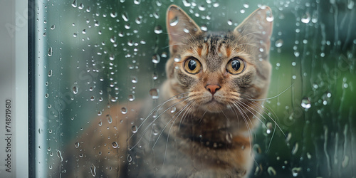 Cute but lonely brown tabby cat watching raining outside through a glass window, concept of waiting, rain season, storm, lonely, homeless cat, copy space.