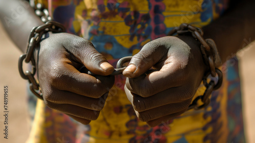 Abused black boy with chain on the wrist, human rights violations, racist, human trafficking concept, copy space.