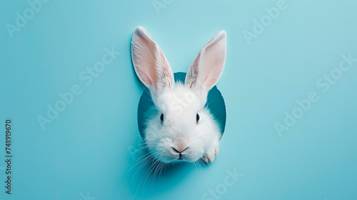 A curious white rabbit peeking through a torn blue paper.