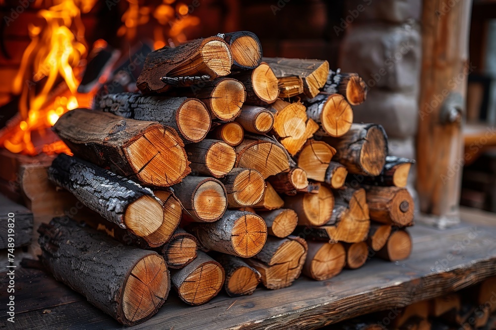 Warm tones and texture of chopped fire logs stacked neatly with a blurred bonfire in the background Warm tones and texture of chopped fire logs stacked neatly with a blurred bonfire in the background