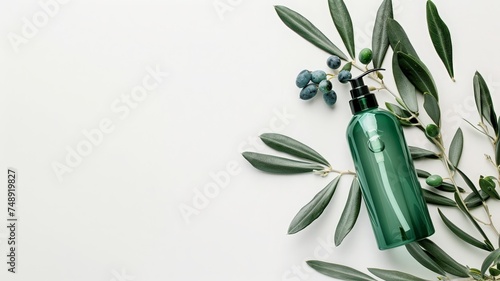 Hair care product,next to olive branches,on a white background,there is a place for text,natural cosmetics photo