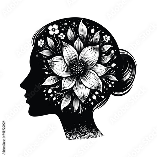 A beautiful vector illustration of a woman's head silhouette with a flower inside.