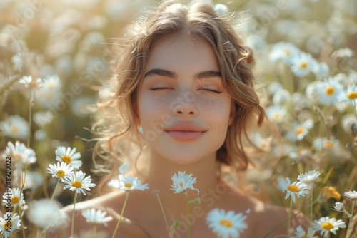 A serene young woman with closed eyes surrounded by white daisy flowers