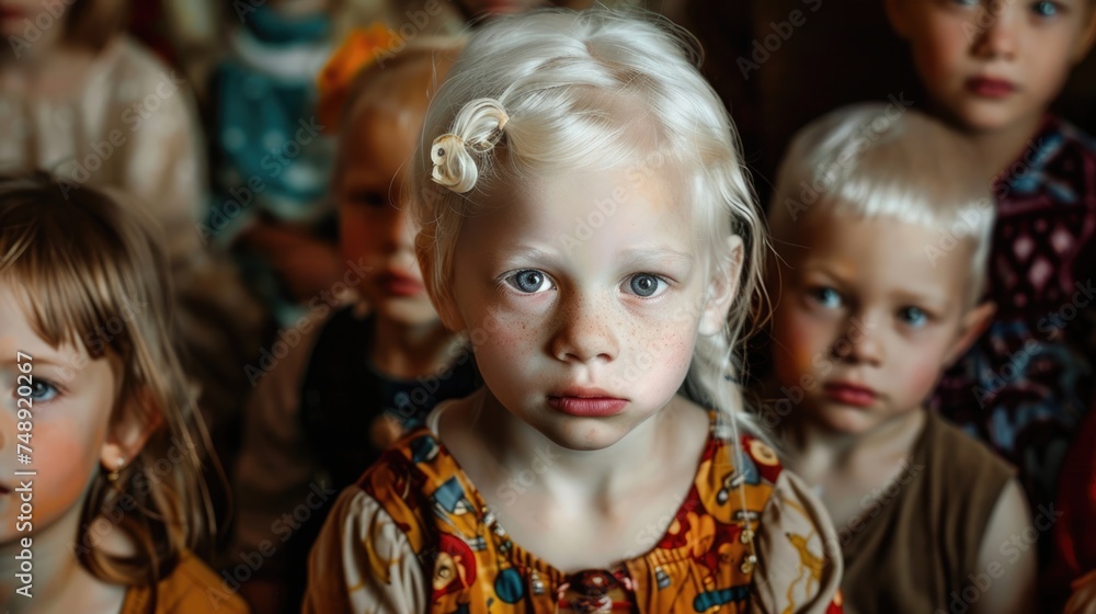 International Albinism Awareness Day, an albino girl among children, a genetic feature of appearance, not like everyone else International Albinism Awareness Day, an albino girl among children, a genetic feature of appearance, not like everyone else