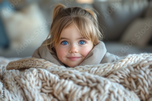 Adorable young girl with bright blue eyes peeking over a chunky knitted blanket with a cozy background © svastix