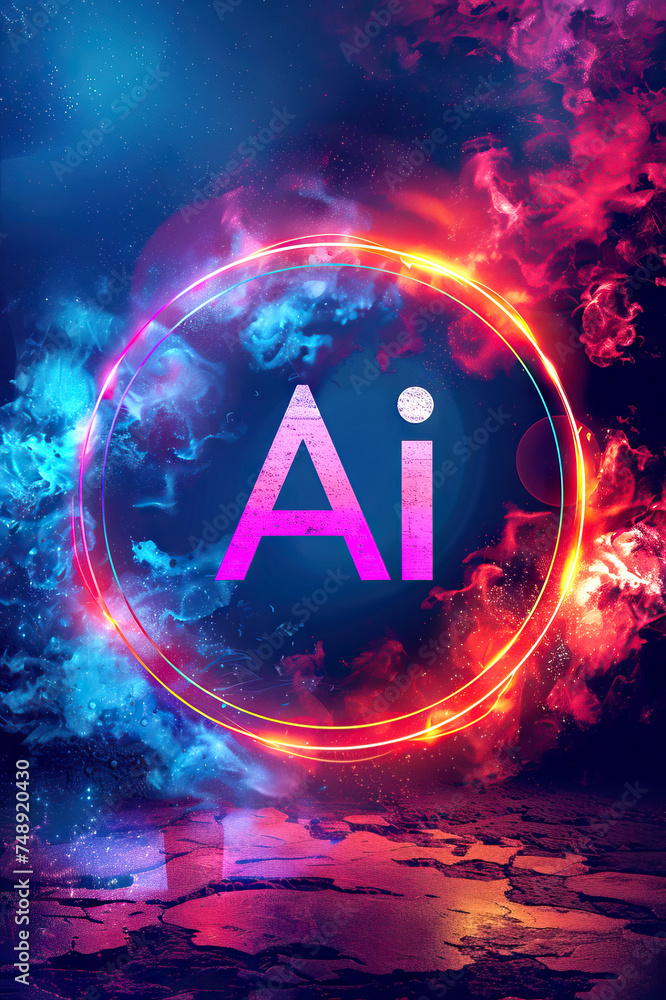 Obraz premium vertical Abstract Artificial Intelligence Concept with Neon Ring and Cosmic Background motion