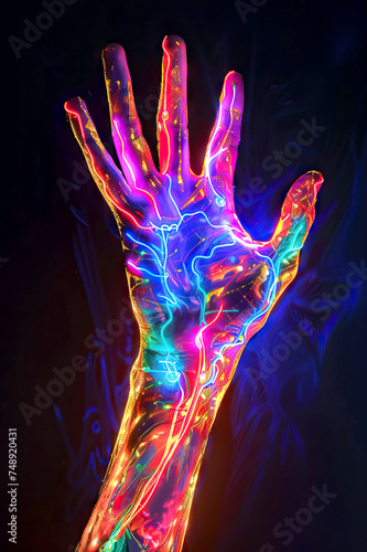 vertical Vibrant Neon Glow Painted Hand Raised in Darkness, Psychedelic Colors and Abstract Art Concept