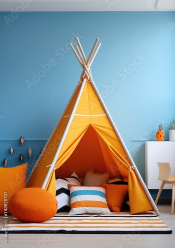 Beautiful interior of kids room in light pastel colors with teepee tent. Generative Ai.