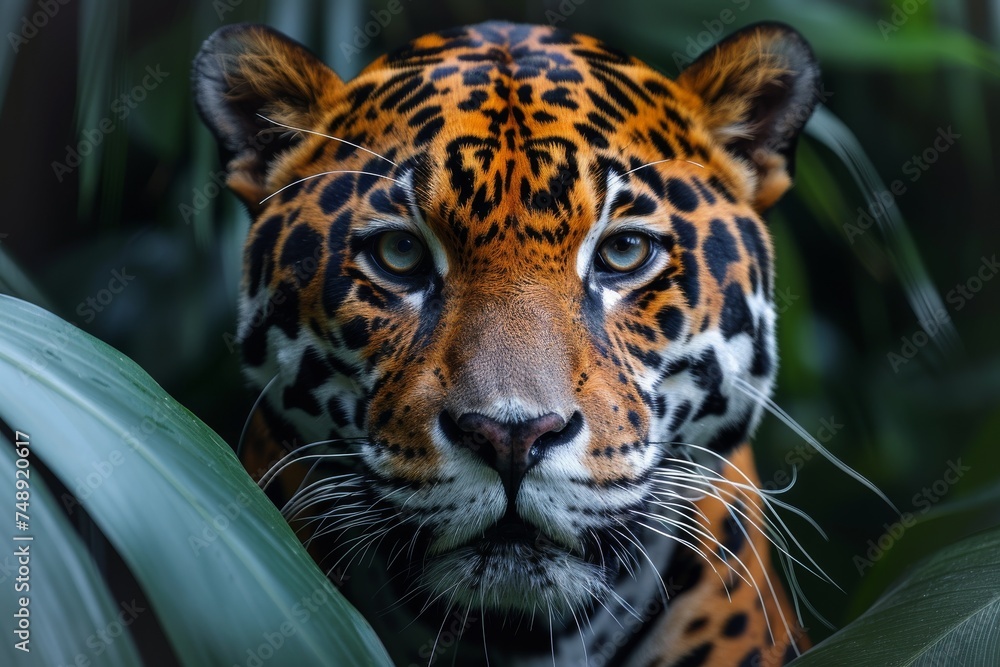 An intense close-up of a jaguar's face as it emerges from lush green foliage, commanding attention with its stare An intense close-up of a jaguar's face as it emerges from lush green foliage, commanding attention with its stare