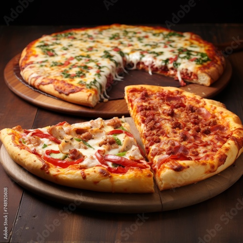 Different Pizza Slices on Wooden Table