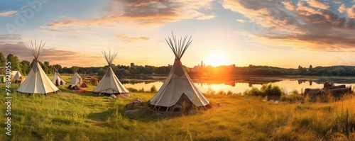 Camp place full of teepees in nature with colorful sunset light, banner. Generative Ai. © annamaria