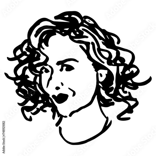 Head of a smiling young woman with disheveled hair. Funny female portrait. Lady with wavy haircut. Hand drawn linear doodle rough sketch. Black and white silhouette.
