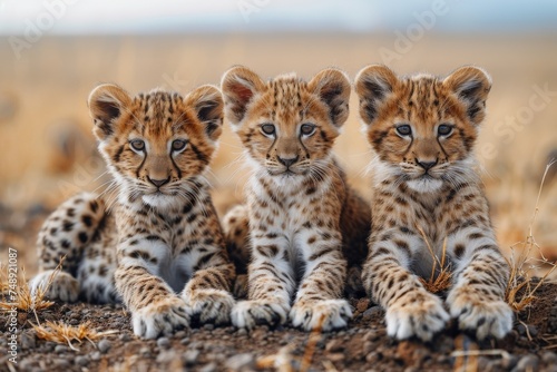 Trio of cheetah cubs with piercing eyes, lying closely together in their natural savannah habitat looking curiously photo