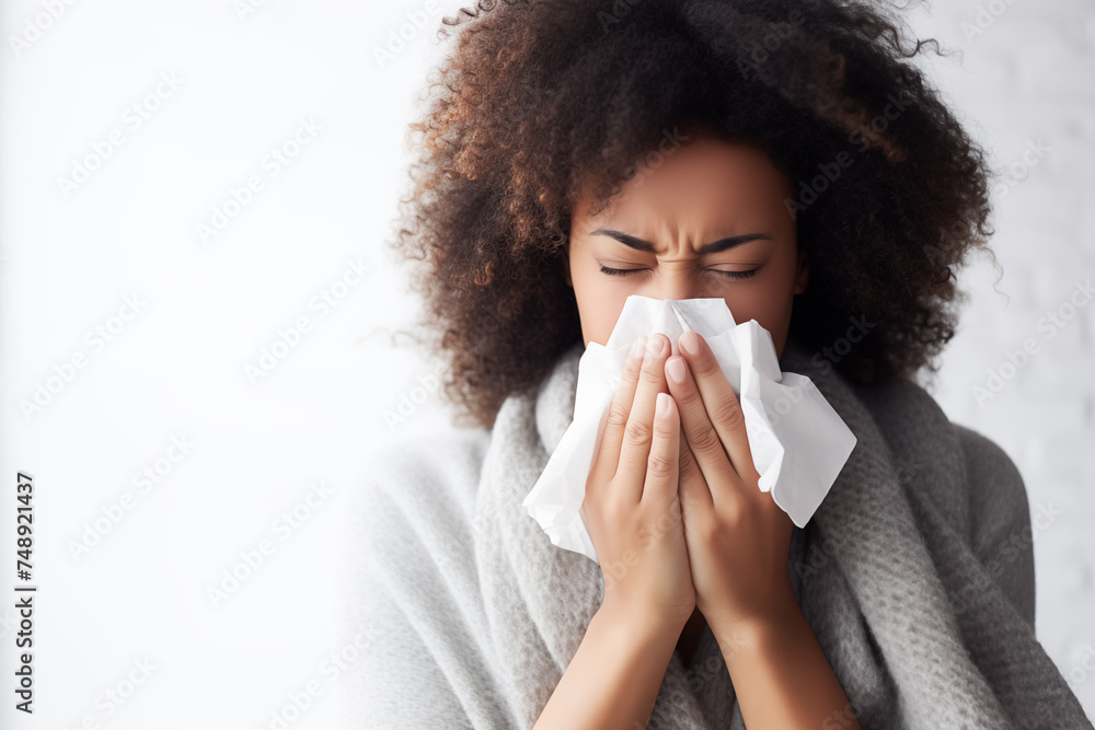 Young African American woman with flu. Blowing her nose into a tissue. Concept of cold or allergy season Young African American woman with flu. Blowing her nose into a tissue. Concept of cold or allergy season