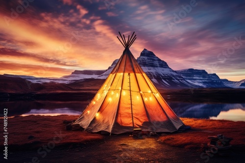 Teepee tent in the middle of cold nature with aurora lights on the sky.  Generative Ai.