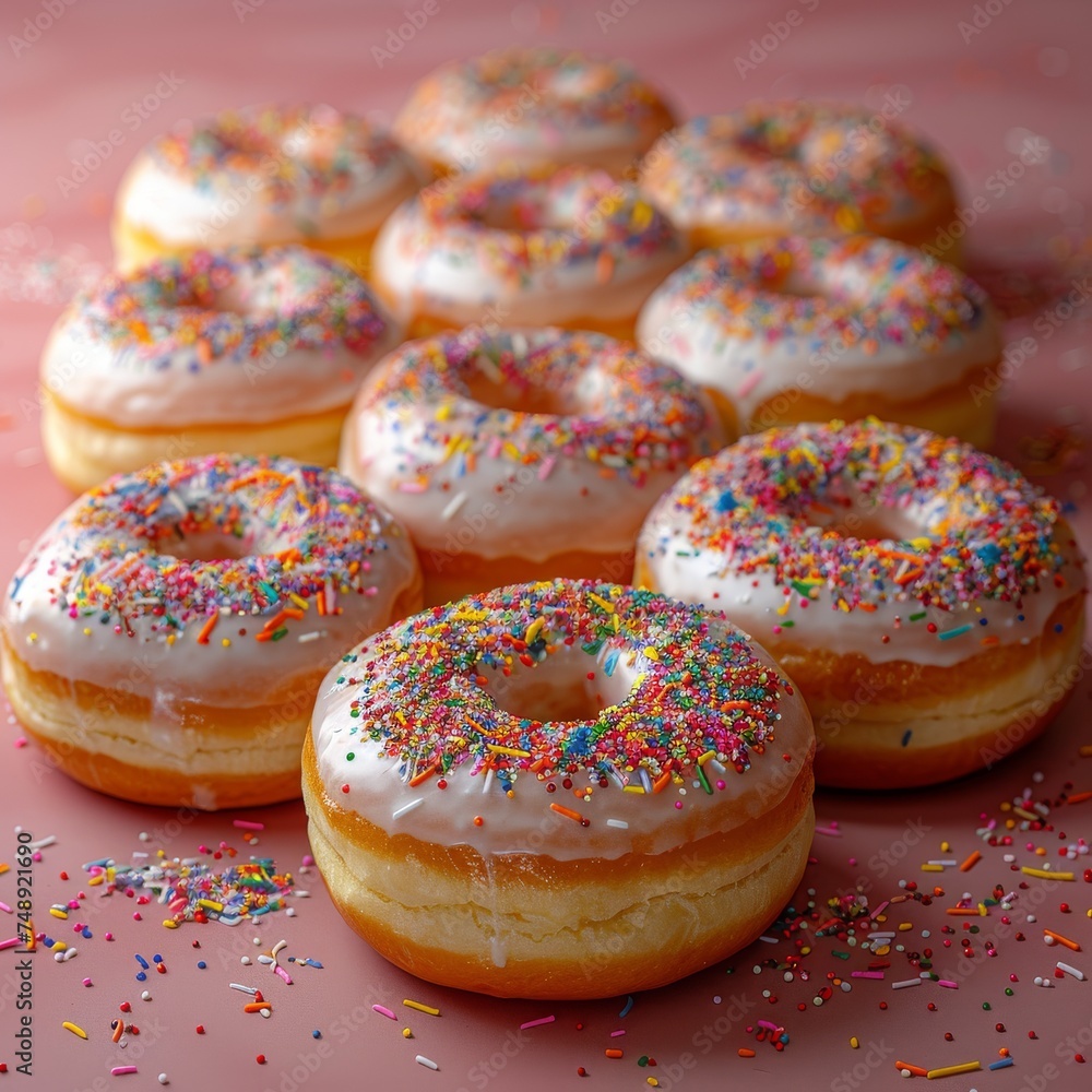 Sugared symphony a dozen frosted krapfen adorned with rainbow sprinkles Sugared symphony a dozen frosted krapfen adorned with rainbow sprinkles