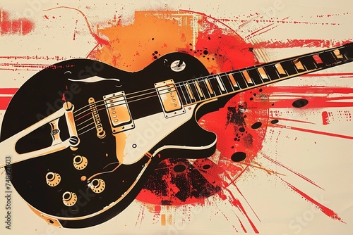Vibrant Melodies: Silkscreened Poster of an Electric Guitar in Light Bronze and Red with Holotone Printing, Sun-Soaked Colors