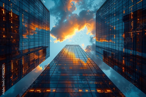 Dramatic upward view of towering skyscrapers with reflective glass  contrasting with vibrant sunset clouds in the sky