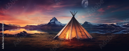 Teepee tent in the middle of cold nature with aurora lights on the sky, banner. Generative Ai. © annamaria