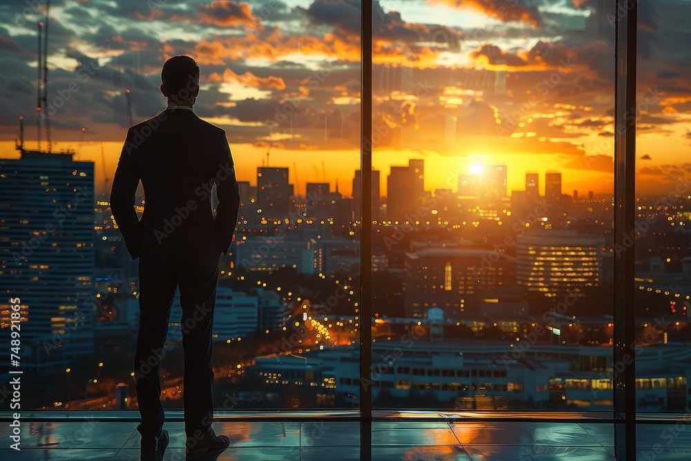 A silhouetted businessman stands before large panoramic windows looking out over a sprawling cityscape at sunset signalling end of a workday A silhouetted businessman stands before large panoramic windows looking out over a sprawling cityscape at sunset signalling end of a workday