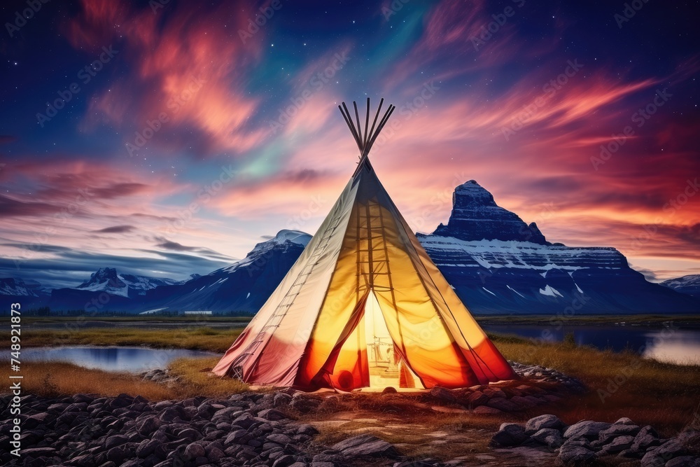 Teepee tent in the middle of cold nature with aurora lights on the sky.  Generative Ai.