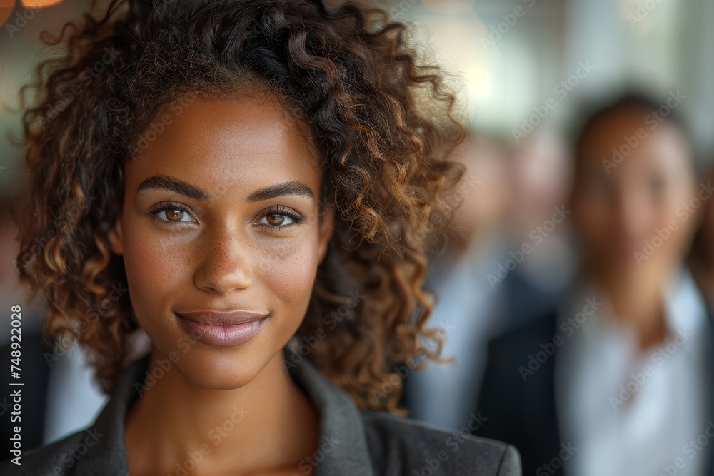 Young professional woman with curly hair looking confident, with subtle smile Young professional woman with curly hair looking confident, with subtle smile