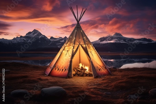 Teepee tent in the middle of cold nature with aurora lights on the sky. Generative Ai.