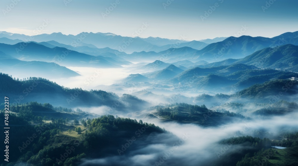 Expansive view of misty mountain valley natures beauty