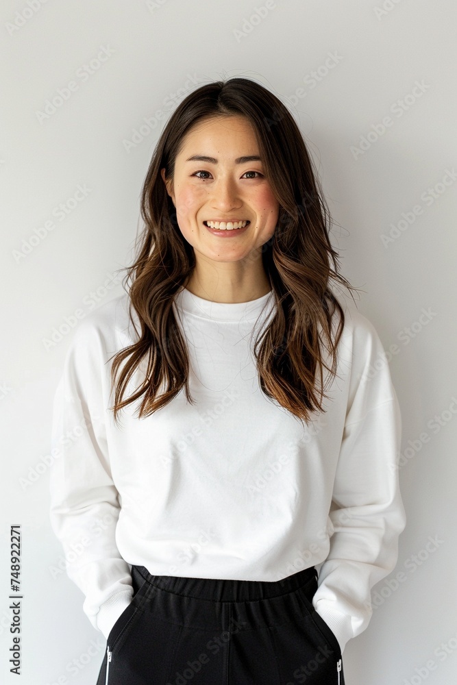 Cheerful Sporting Personality: Japanese Woman Influencer Photographed in Natural Look, Frontal Shot with Bright, Happy Theme on White Background Cheerful Sporting Personality: Japanese Woman Influencer Photographed in Natural Look, Frontal Shot with Bright, Happy Theme on White Background