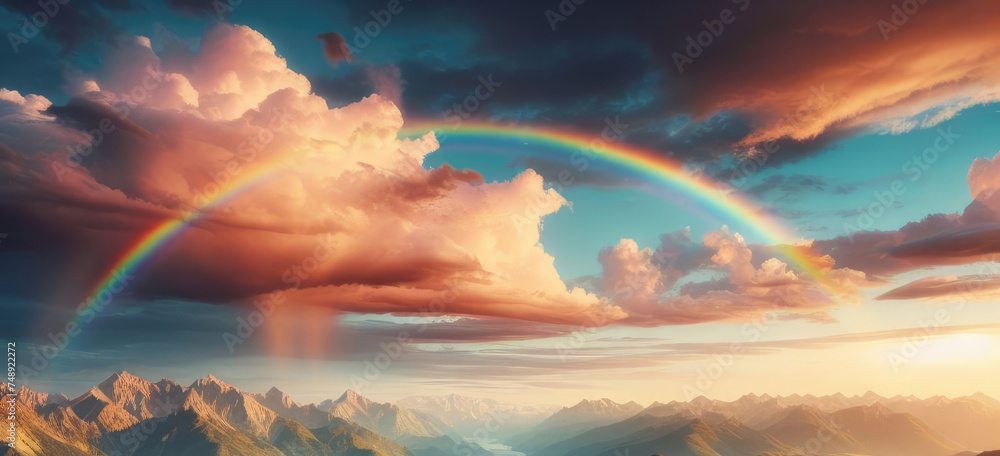 horizon with mountains, pink clouds and rainbow