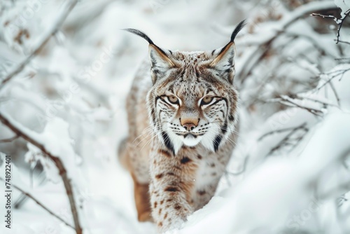 Majestic lynx walking through snowy forest. Perfect for wildlife enthusiasts