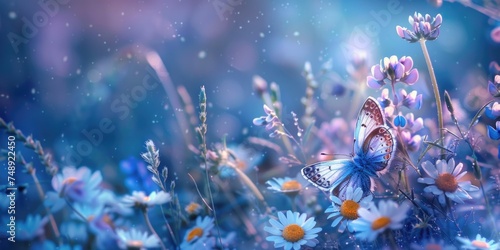 A beautiful blue butterfly perched on a colorful field of flowers. Perfect for nature and wildlife themes