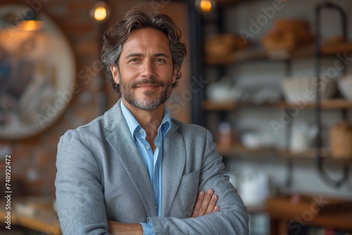 Relaxed entrepreneur at a cafe with modern decor, exuding confidence and style photo