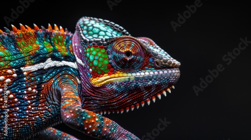 A vibrant chameleon perched on a dark surface. Ideal for nature and wildlife themes