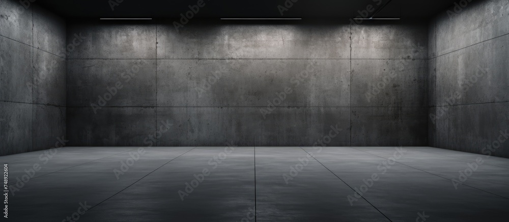 A black and white image showing an empty room with stark architecture and a dark concrete wall. The room appears bare and devoid of any furniture or decoration. A black and white image showing an empty room with stark architecture and a dark concrete wall. The room appears bare and devoid of any furniture or decoration.