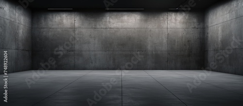 A black and white image showing an empty room with stark architecture and a dark concrete wall. The room appears bare and devoid of any furniture or decoration. © Vusal