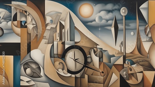 the concept of time as fluid and nonlinear in a Cubist dreamscape, where past, present, and future intersect in a mesmerizing collage of moments.