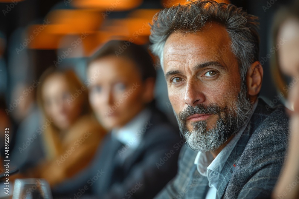Close-up of a mature businessman with intense focus and soft office background Close-up of a mature businessman with intense focus and soft office background