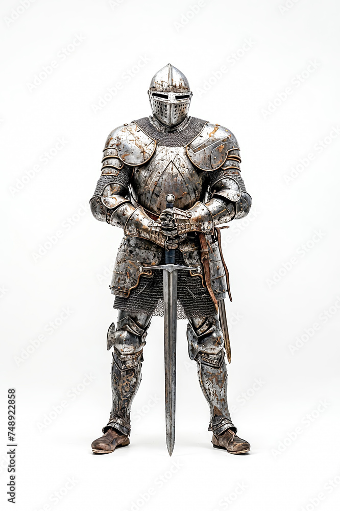 chevalier en armure du moyen-âge, debout, de face, sur fond blanc chevalier en armure du moyen-âge, debout, de face, sur fond blanc