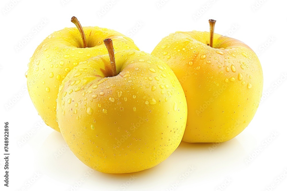 Fresh yellow apples with water droplets, perfect for food and fruit concepts