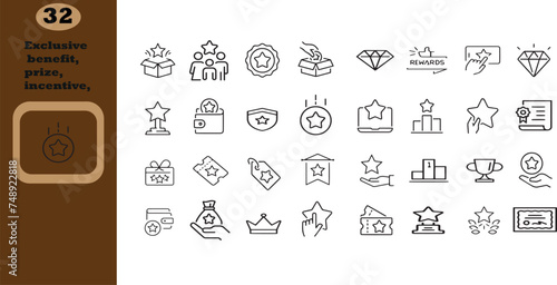 Exclusive benefit, prize, incentive, reward editable stroke outline icons set isolated on white background flat vector illustration