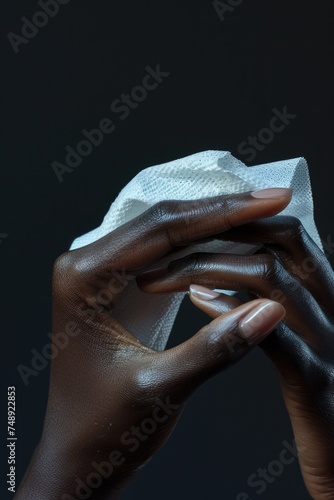 Person wiping hands with cloth, suitable for hygiene concept