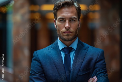 Stern looking man poses in a professional attire against a cityscape with a serious expression photo