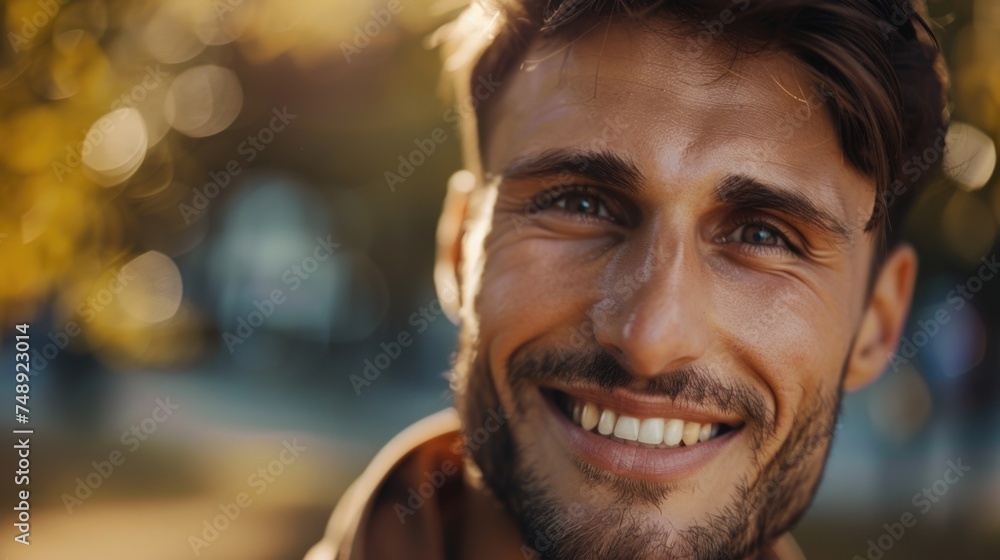 Close up of a smiling man with a beard. Suitable for various commercial and personal projects