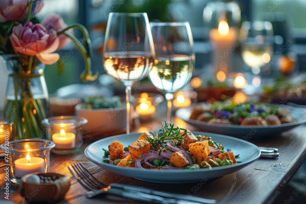 A romantic dinner setup with wine glasses, candles, and a healthy meal, accentuating the intimacy and elegance of fine dining A romantic dinner setup with wine glasses, candles, and a healthy meal, accentuating the intimacy and elegance of fine dining