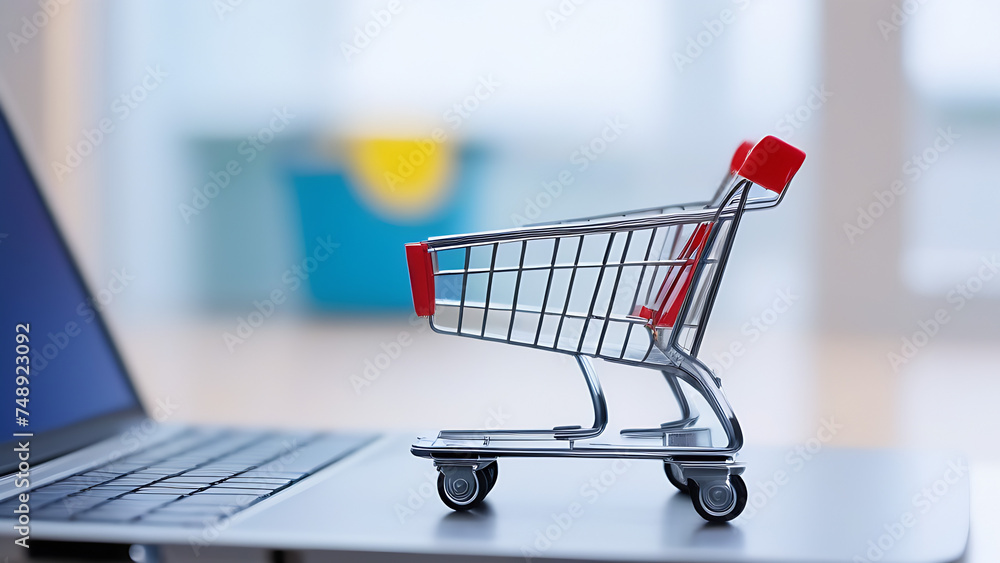 Shopping supermarket trolley at the computer, online shopping on blurred background