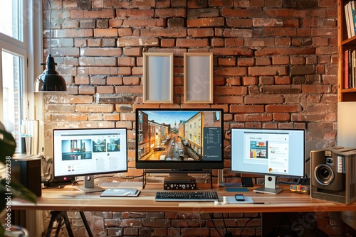 A modern workspace setup with dual monitors and keyboard. Perfect for business and technology concepts