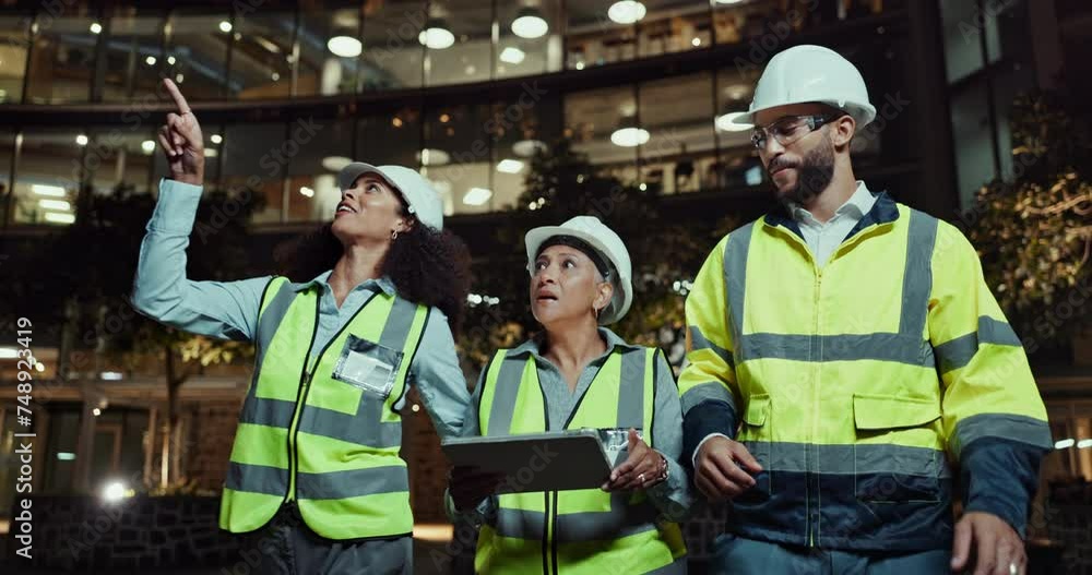 Construction, team and communication by tablet in city for pointing, project and civil engineering with online research. Man, women and technology for collaboration and building for quality assurance Construction, team and communication by tablet in city for pointing, project and civil engineering with online research. Man, women and technology for collaboration and building for quality assurance